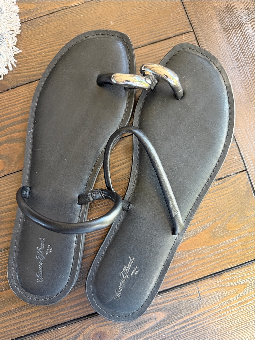 Target Black Leather Toe-Loop Sandals with Silver Accent